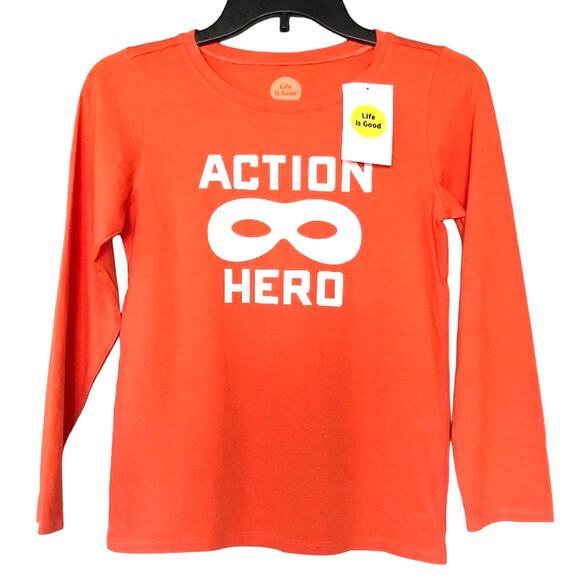 Life Is Good Orange Action Super Hero Mask Long Sleeve Crew Neck Tee Shirt Top - Picture 1 of 6